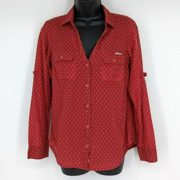 Columbia PFG Button Front Top S Red White Alabama Textured Dot Long Sleeve Thin - Picture 1 of 12